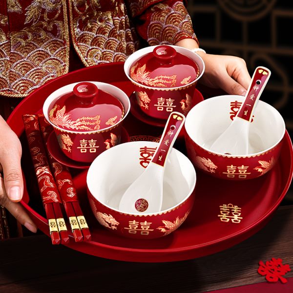 红色结婚对用品喜碗陪嫁敬茶杯新人改礼盖碗茶具口子大全碗筷套装