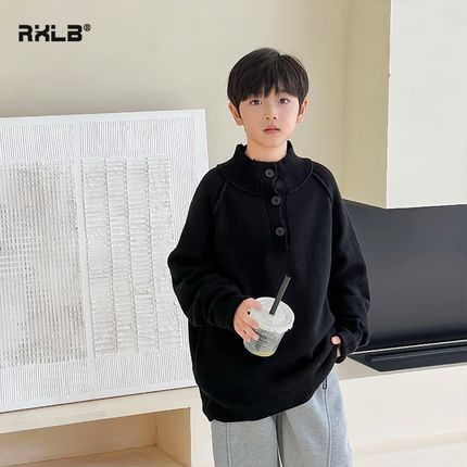 儿童毛衣2024秋冬季男童韩版破洞内搭男孩半高领半U纽扣套头针织