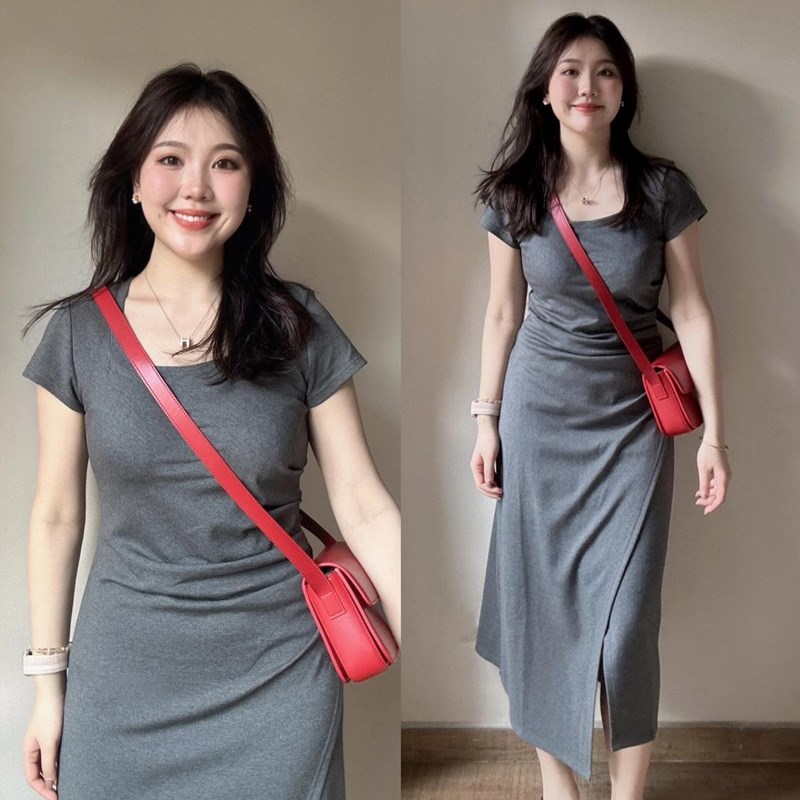 微胖MM辣妹灰色正肩圆q领连衣裙女辣妹修身显瘦收腰气质针织包臀
