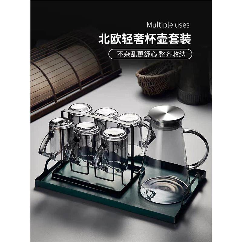 轻奢风玻璃水具套装待客家用客厅带把喝水杯子耐高温高颜值泡茶杯