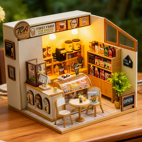 diy小屋初沫奶茶店创意NFC手工房子木屋带灯立体玩具模型生日礼物