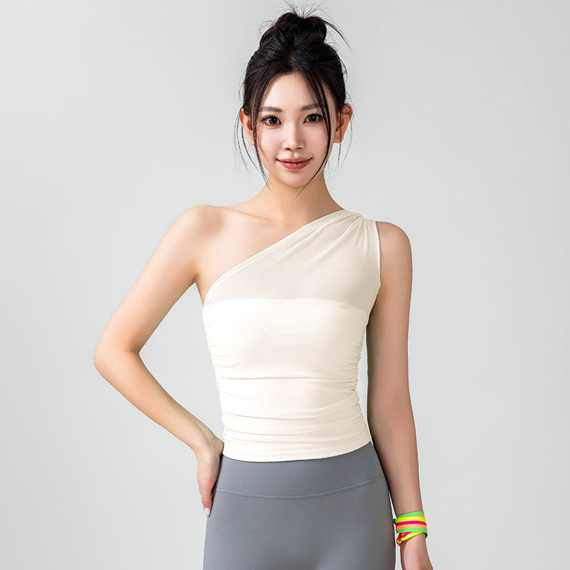 单肩斜领修身带胸垫瑜伽背心T恤女网纱褶皱外穿夏季显瘦露肩上衣