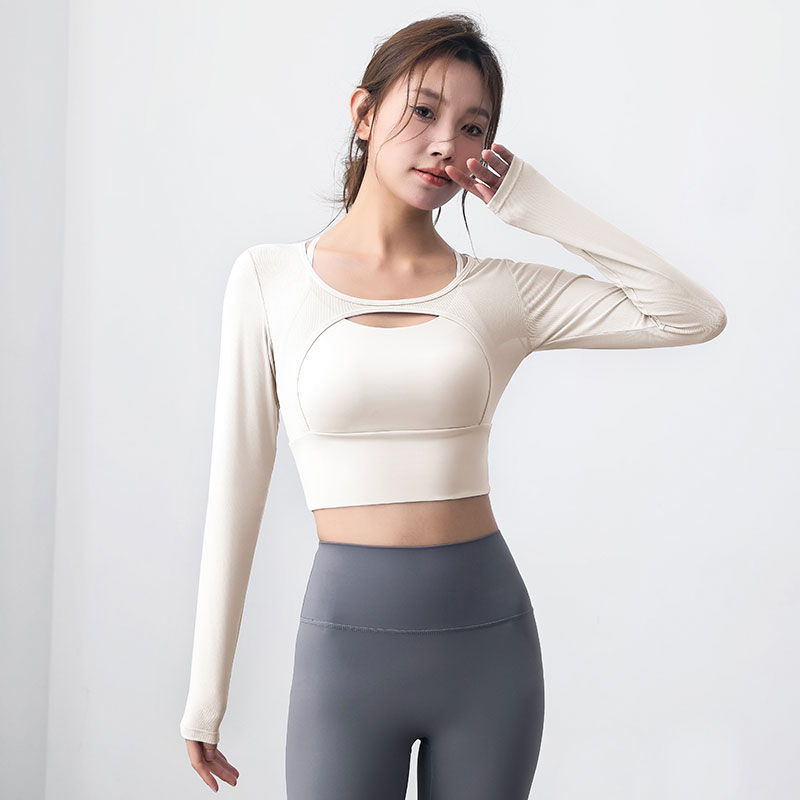 瑜伽服女2025新款性感假两件运动上衣带胸垫长袖普拉提训练健身服