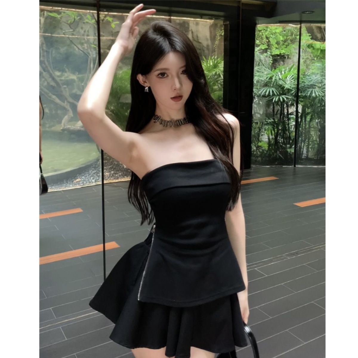 【商场同款】夏季辣妹纯欲两件套装女时尚性感拉链开叉抹胸上衣+