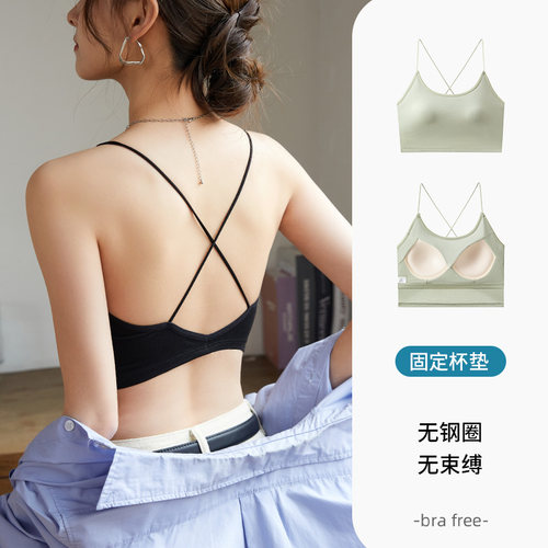 无钢圈小胸聚拢收副乳运动瑜伽一体式文胸内衣细带黑色法式抹胸女