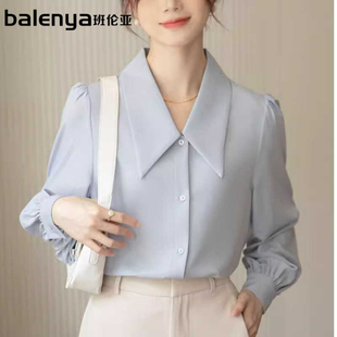 蓝色雪纺衬衫女春秋款职业正装衬衣教资公考面试穿搭百搭通勤正装
