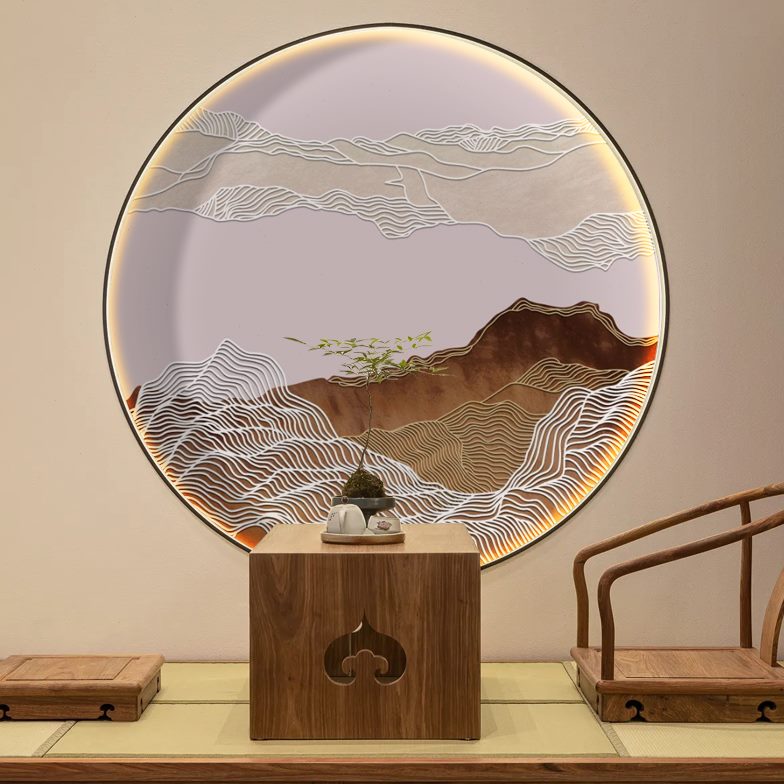 3D立体浮雕画侘寂风画芯圆形画新中式玄关装饰画客厅壁纸图片