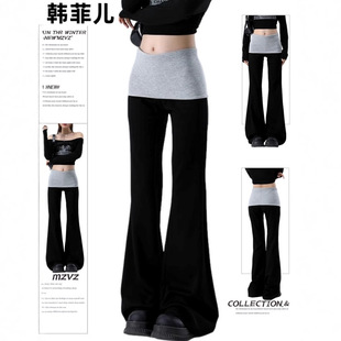 显瘦百搭拼接阔腿运动裤 女2025新款 黑色休闲微喇叭裤 抖音质量美式