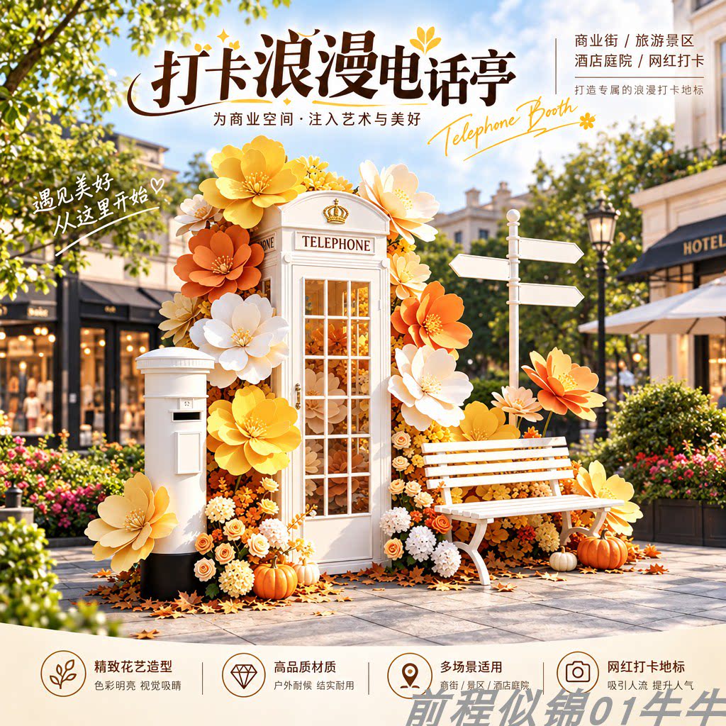 网红复古电话亭邮筒长椅美陈装饰图片