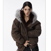 座山雕 HSNH 美式 PU皮棉衣可拆卸毛领连帽座山雕加绒加厚棉服