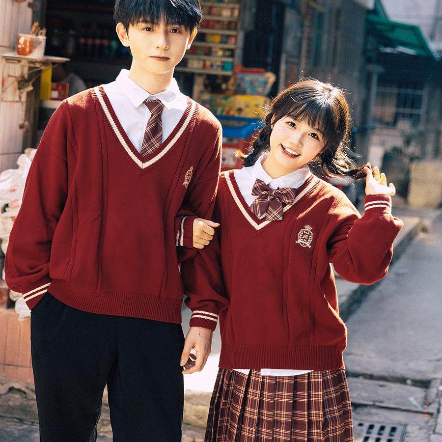 初中高中学生红色毛衣学院风秋季女校服运动会班服套装合唱演出服
