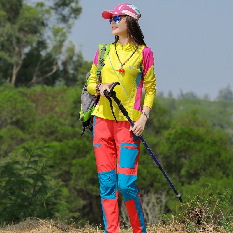 户外登山徒步速干衣运动套装女长袖TG恤爬山运动行山拼色快干衣裤