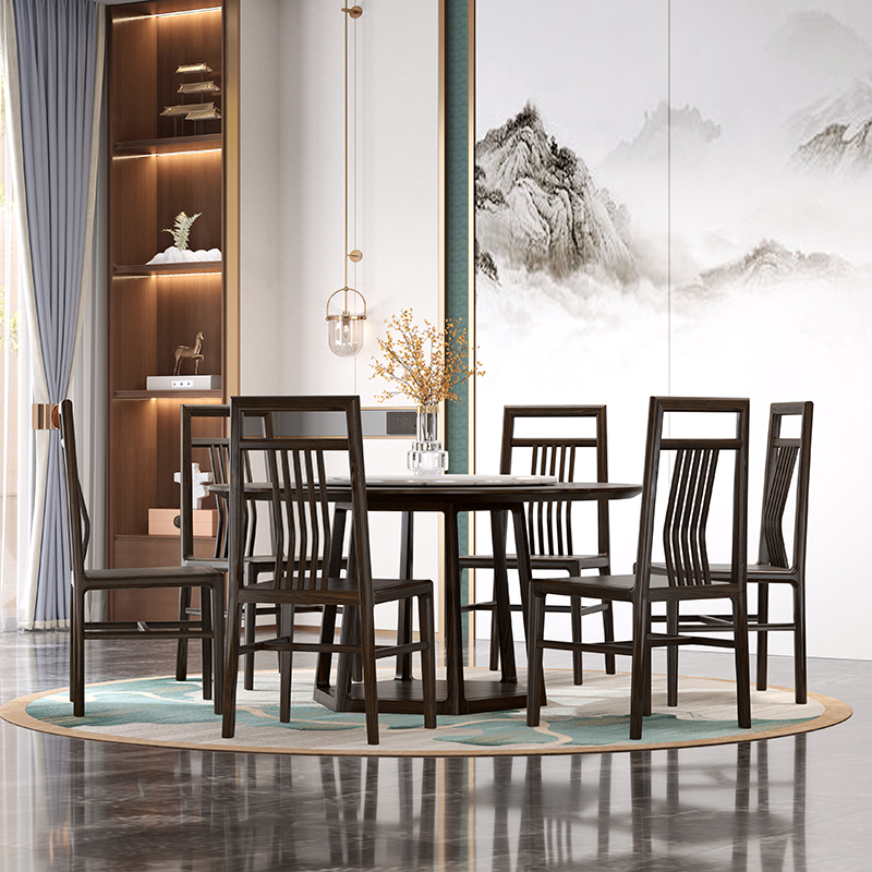 新中式岩板大理石10人s家用大圆桌酒店餐桌带转盘圆形实木吃饭桌