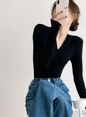 黑色修身v领打底衫女秋冬内搭针织衫收腰长袖T恤百搭显瘦上衣通勤
