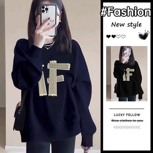 宝蓝色加绒加厚正肩圆领卫衣女2025秋冬新款欧货宽松显瘦外套上衣