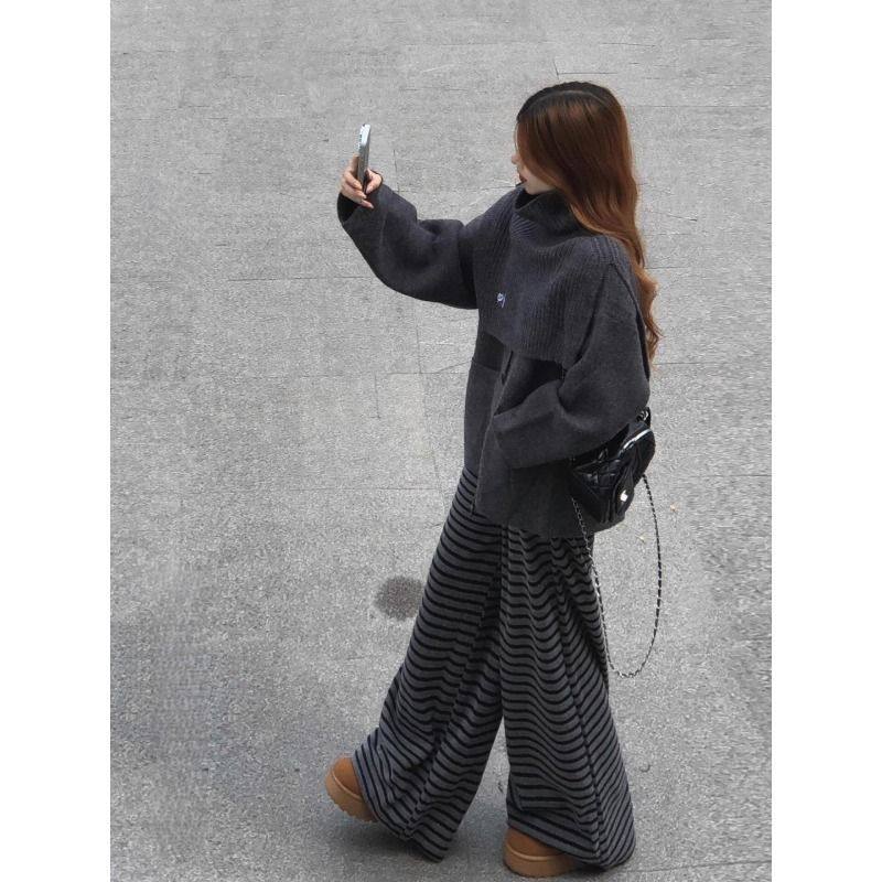 深灰色直筒条纹休闲裤女秋冬加绒胖mm宽松大码显瘦软糯垂感阔腿裤