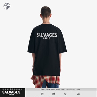 SALVAGES明星同款重磅t恤纯棉圆领高级潮流简约字母印花落肩上衣