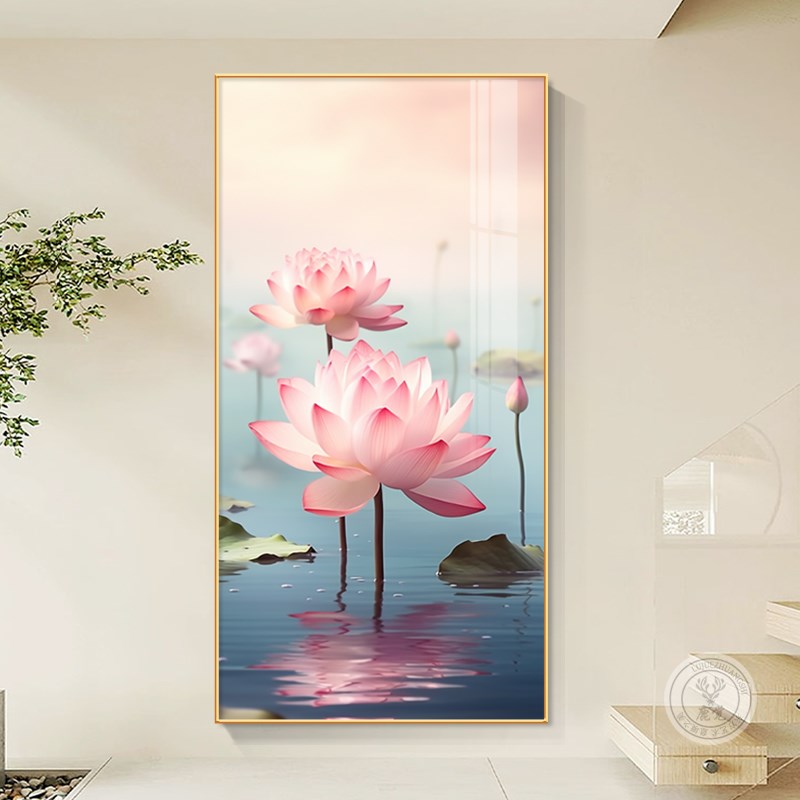 极速荷花装饰画客厅玄关r画现代简约莲花挂画入户正对门壁画晶瓷图片