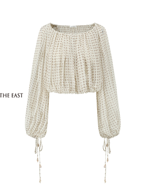 Into The East己印白色迷你腰果量感抽褶上衣