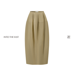 Into The East卡其绿颗粒感拼接圆弧半裙