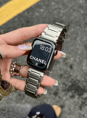 适用于iwatch S10/9/8/7苹果手表表带se小方块不锈钢金属Ultra高级现代感applewatch654新三株折叠扣男女生款