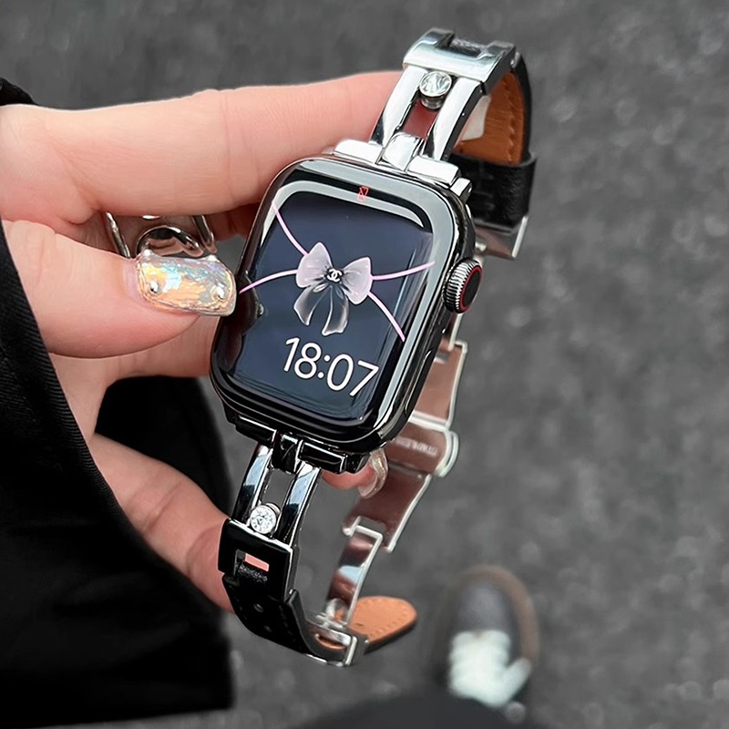 适用于iwatch10代s9表带带钻ultra滑梯拼皮蝴蝶扣apple watchs8/7/6/5小众高级皮质苹果手表46mm男女款春夏se