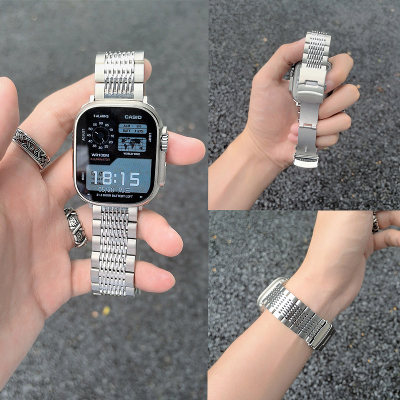 适用苹果手表iwatchS10/s9表带ultra时尚实心十五株不锈钢金属表链applewatch876新款运动高级感男生款腕带se图片