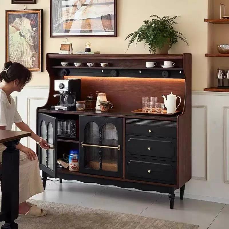 北欧中古餐边复古简约收纳法式岩板客厅茶水靠墙美式实木一体厨房