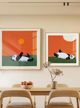 熊猫正方形餐厅装饰画橙色饭厅餐桌双联挂画日式卡通客厅玄关壁画