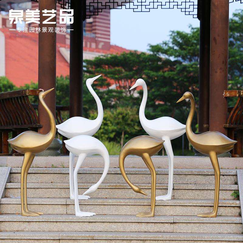 户外园林景观装饰商场美陈玻璃钢雕塑白色仿铜色抽象几何白鹭摆件