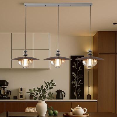 餐厅吊灯新中式中古风高级感胡桃木色餐桌饭厅美式复古三头吧台灯