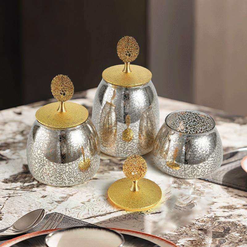 镂空金色盖玻璃储物罐美式欧式复古桌面收纳罐餐厅客厅茶几摆件
