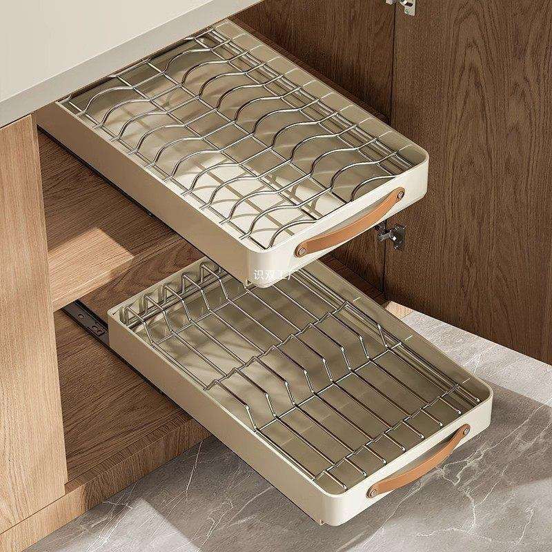 碗碟收纳架抽屉拉篮碗盘橱柜厨房置物架不锈钢沥水碗架抽拉式内置