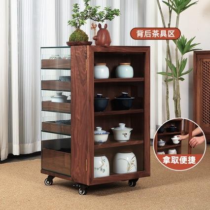 黑胡桃木茶具收纳玻璃展示柜实木茶水柜移动茶桌边柜茶台置物架