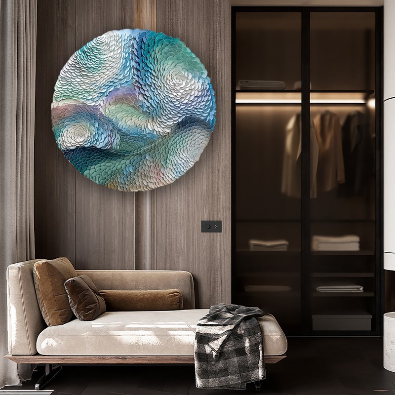 现代简约客厅装饰画手工实物皮革圆形挂画K3D立体卧室玄关抽象挂