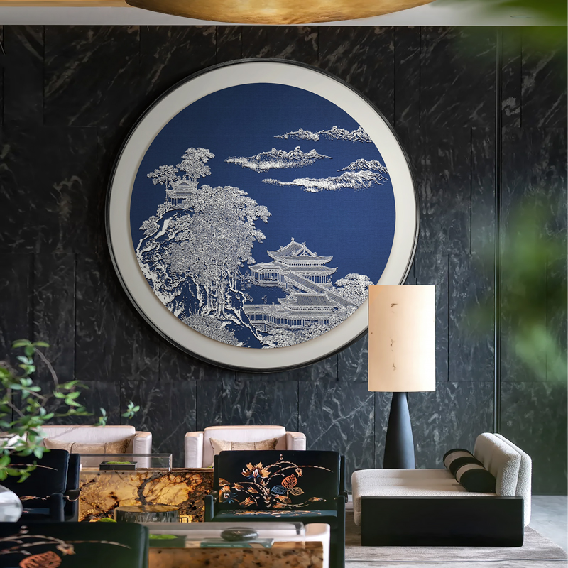 新中式客厅沙f发背景墙挂画餐馆餐厅高级感圆形浮雕肌理实物装饰图片