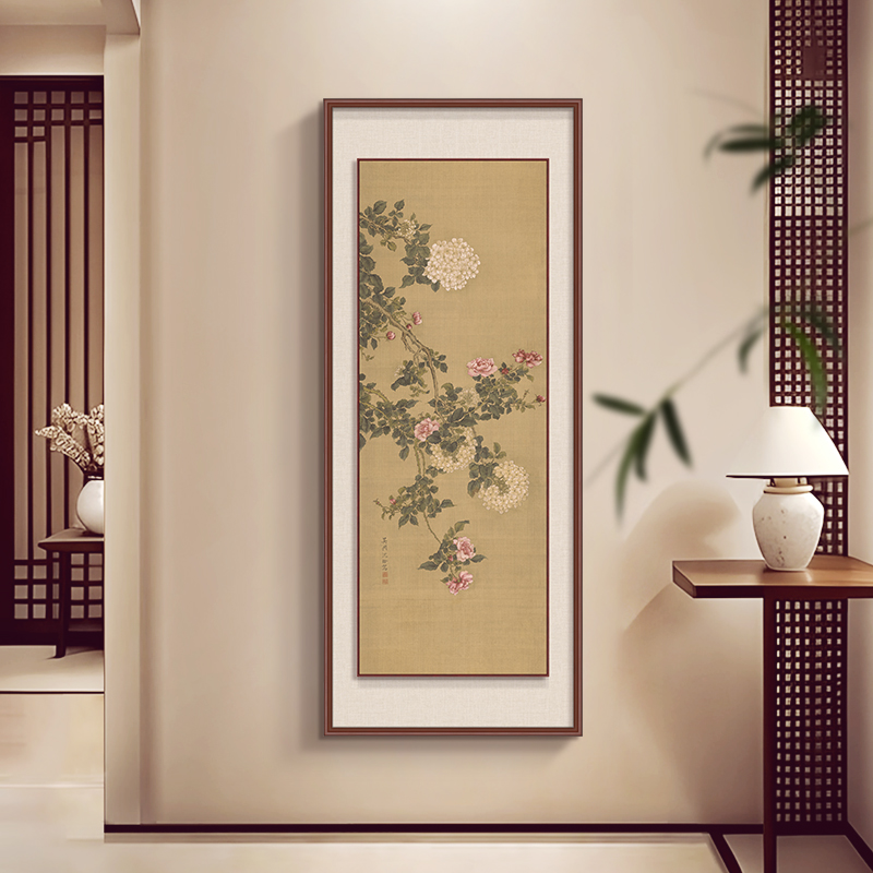 《蔷薇绣球c图》入户玄关装饰画高档立体画新中式走廊竖版花卉挂图片
