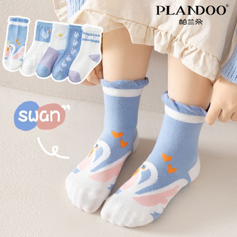 帕兰朵儿童袜子宝宝春秋女童舒适透气蓝色系花边百搭简约中筒童袜