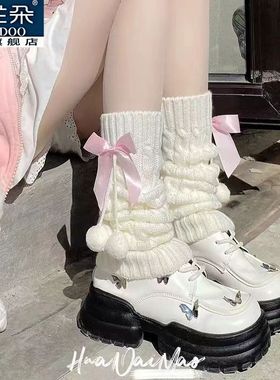 蝴蝶结毛球袜女日系袜套保暖堆堆秋冬少女可爱jk针织洛丽塔中筒