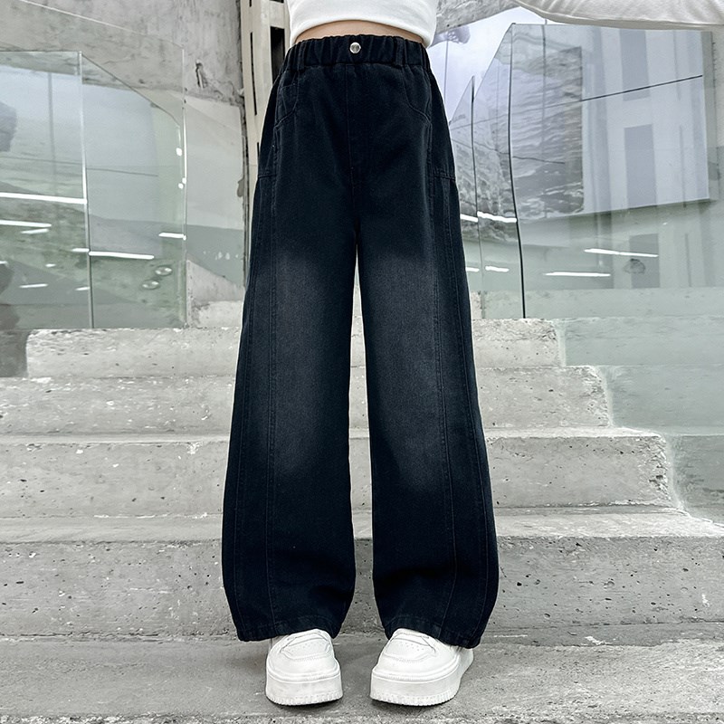 女童阔腿裤春秋款洋气2025新款春季儿童直M筒大童牛仔裤子黑色女