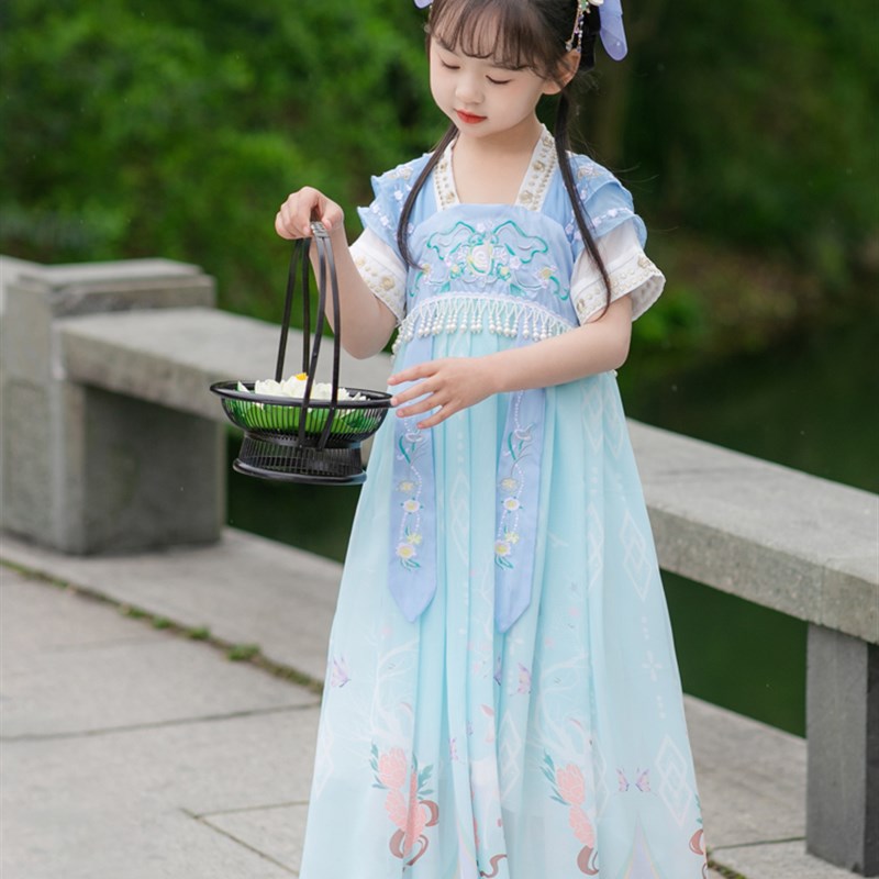 汉服女童夏季薄款儿童古装襦裙蓝色中国风舞蹈女孩古X风春秋连衣
