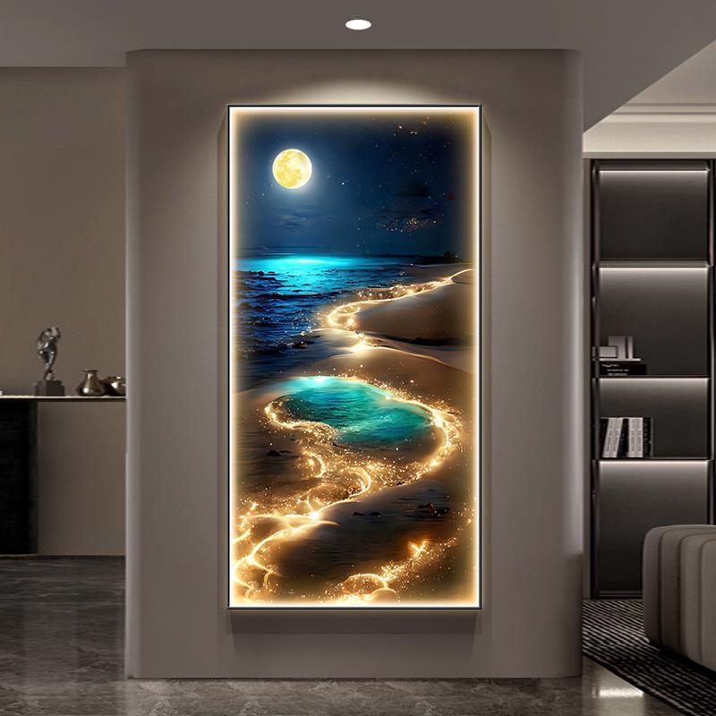 月球极光玄关装饰画海景入户正对门过道走廊挂画轻奢客厅带灯壁画