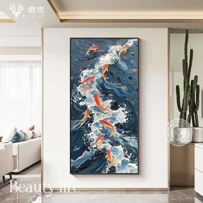 九鱼荷花图玄关装饰画入户正对门走廊过道挂画高级感和气生财壁画