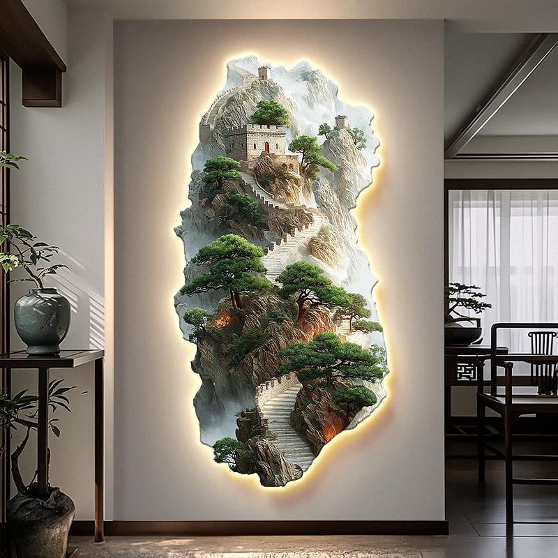 万里长城入户玄关装饰画新中式靠山图走廊挂画迎客松茶室带灯壁画