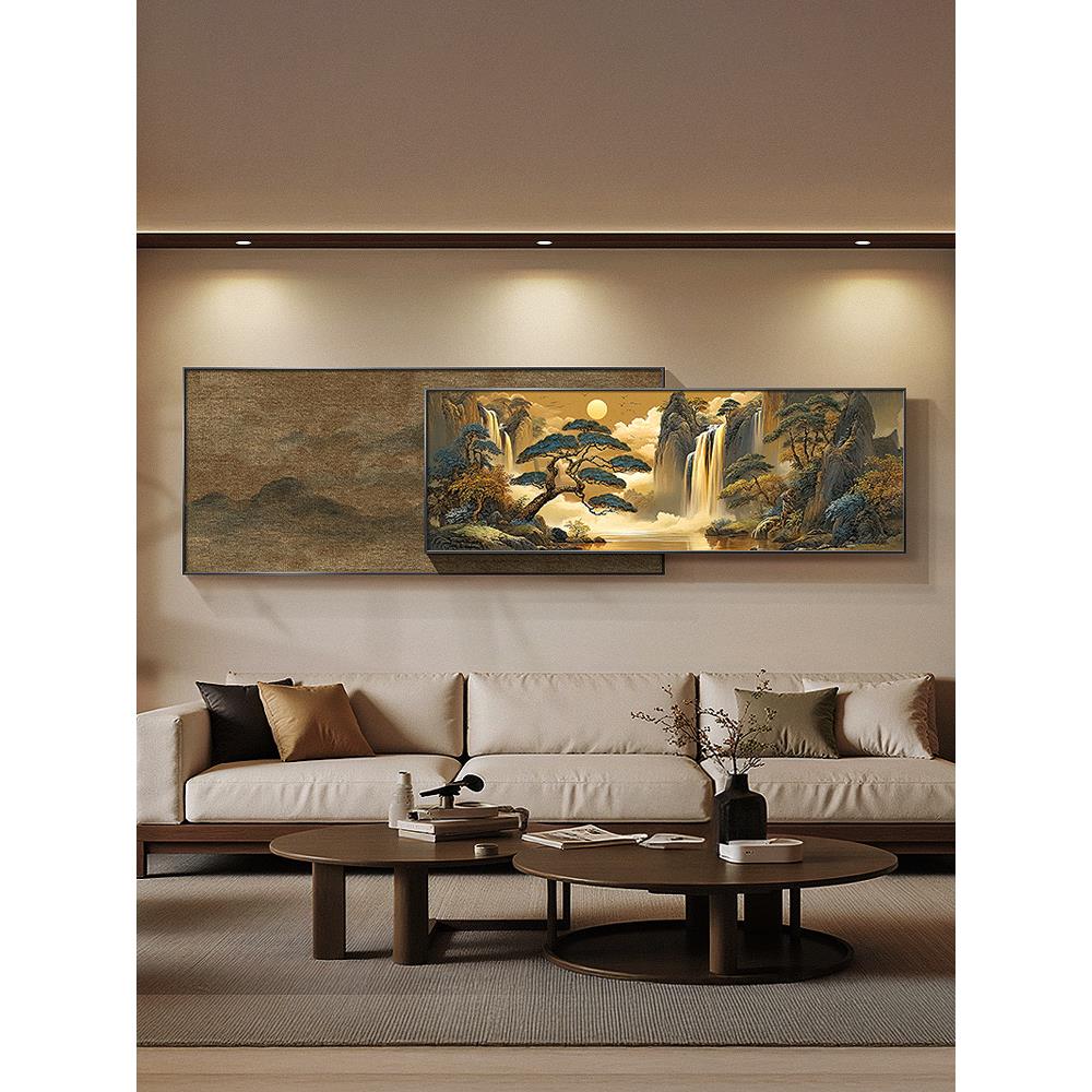 宋代美学客厅装饰画高山流水生财叠加挂画迎客松树沙发背景墙壁画