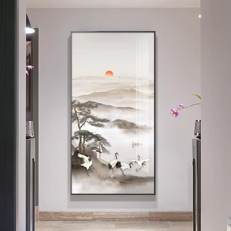 竖版山水仙鹤新中式玄关装饰画高档大气走廊过道挂画意境风景壁画