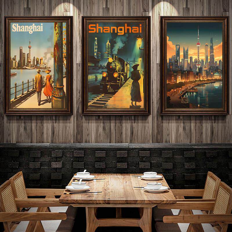 民国风装饰画怀旧覆古老上海工业风餐厅墙面壁画建筑风景做旧挂画