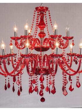 12+6双层红色水晶吊灯真2层18头红色玻璃吊灯蜡烛灯适合婚庆 KTV