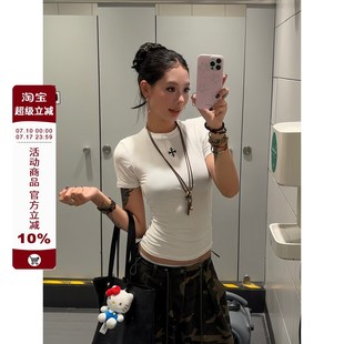 复古辣妹正肩显瘦短袖 F383 内搭打底衫 十字收腰t恤女修身 上衣 美式