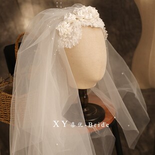 油画风复古e缎面扭花宽版发箍蓬蓬头纱新娘结婚发饰婚纱旅拍配饰